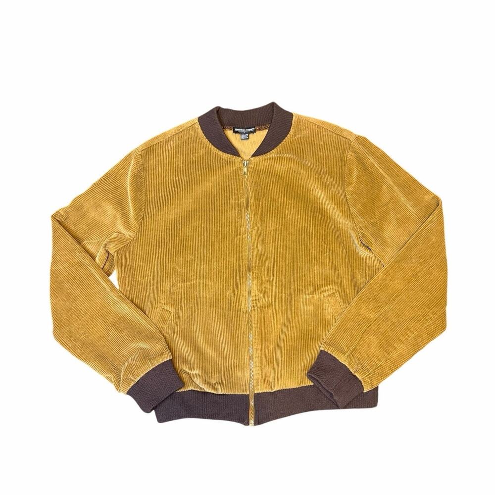 Vintage American Apparel Corduroy Bomber Jacket Womens L Tan Gold USA Made Y2K